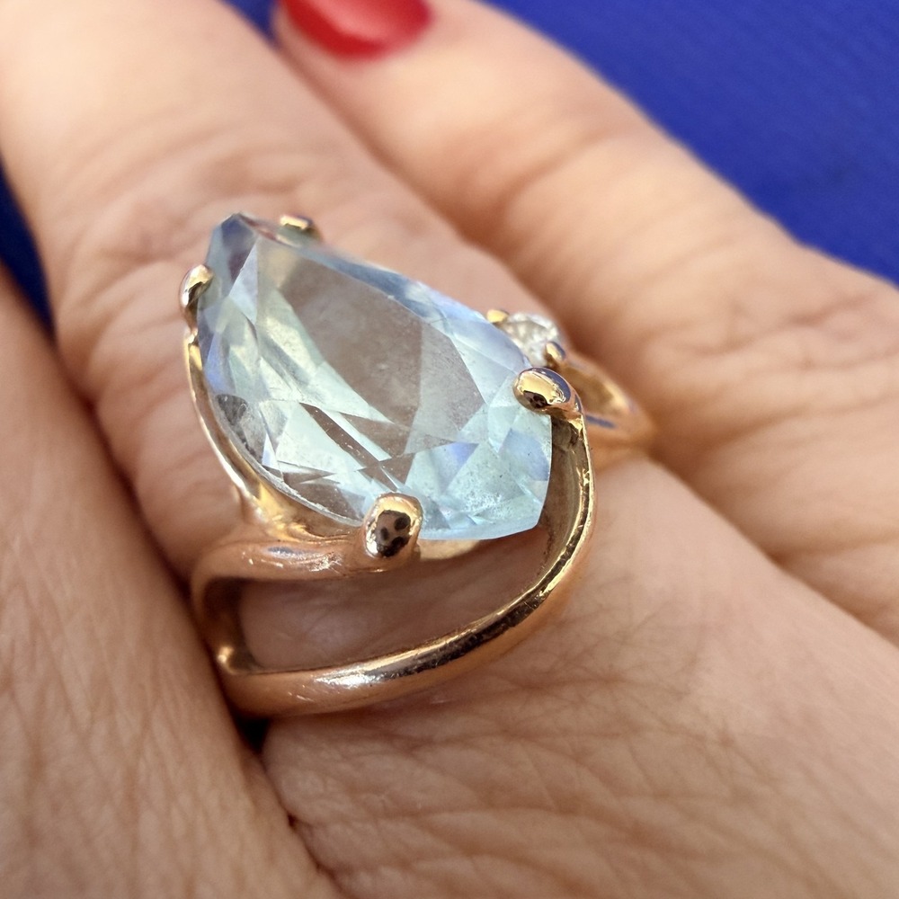 VTG 14K Yellow Gold Blue Topaz Diamond Cocktail Ring Split Shank Sz 6.5 5.71g